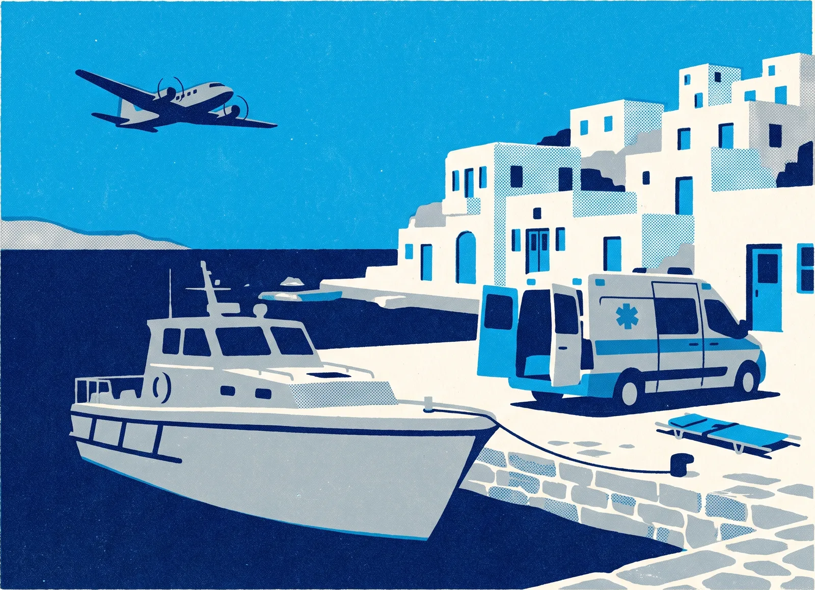 Λιμάνι νησιού με λευκά σπίτια, δεμένο σκάφος, ασθενοφόρο με φορείο και αεροπλάνο, για τις διακομιδές ασθενών από τα νησιά