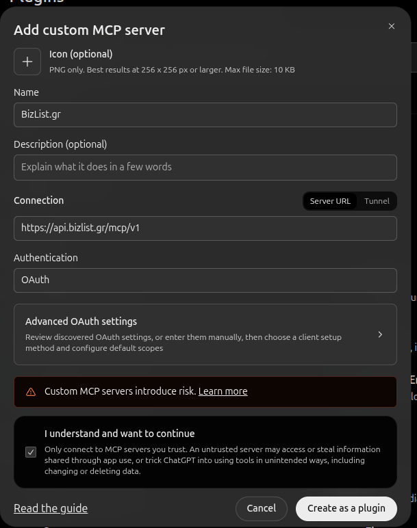 Η φόρμα Add custom MCP server με όνομα, URL και OAuth