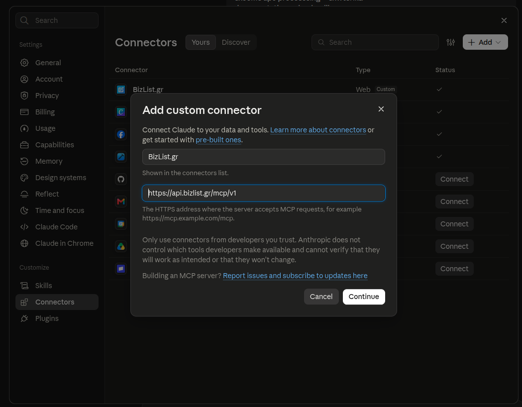 Το παράθυρο Add custom connector με όνομα και URL